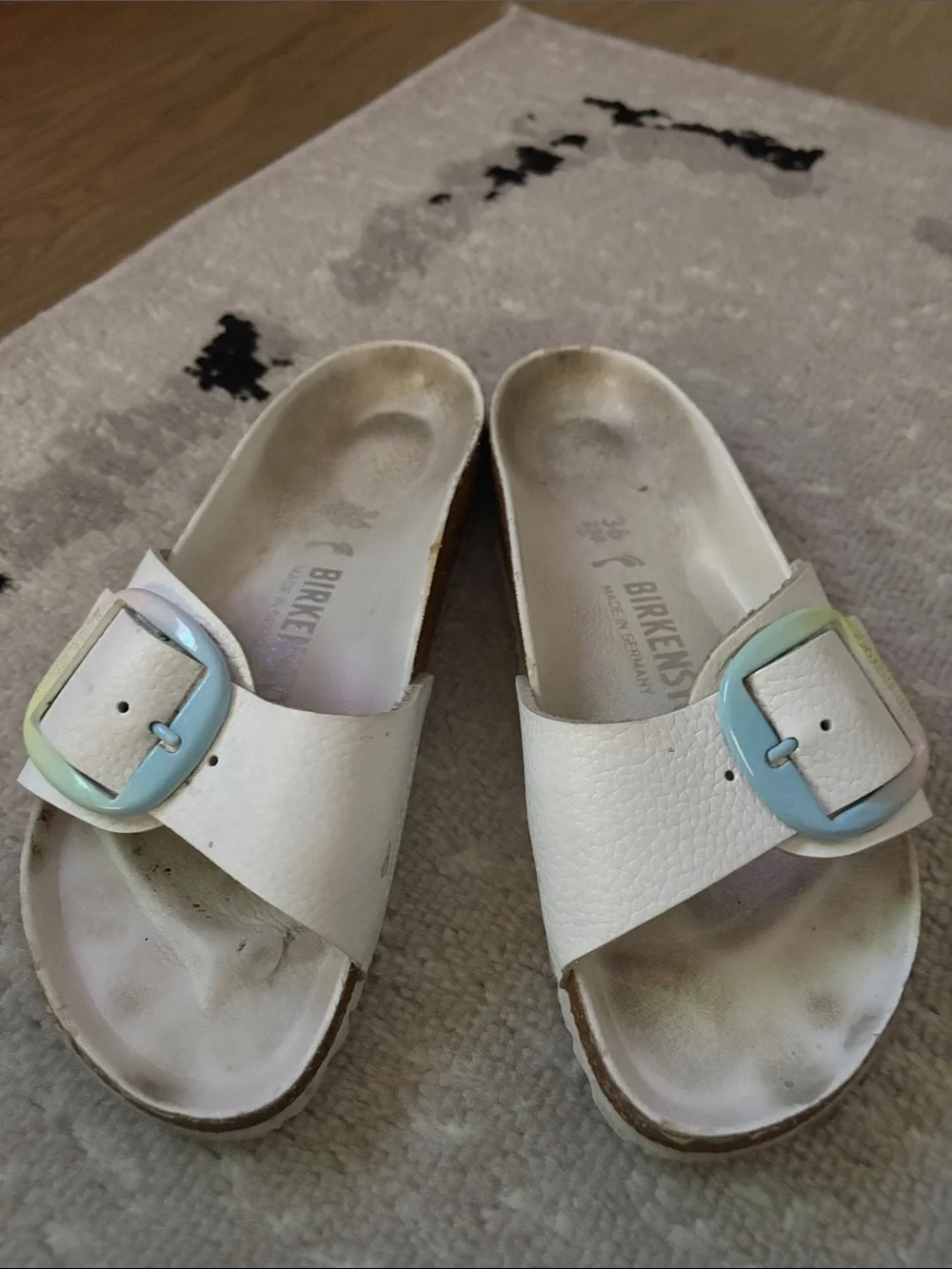 Birkenstock womens White Slides with Pastel Blue and Green Buckles